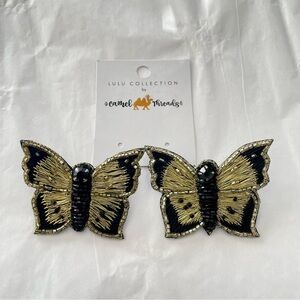Lulu Collection by Camel Threads Butterfly Beaded Black & Gold Stud Earrings NEW